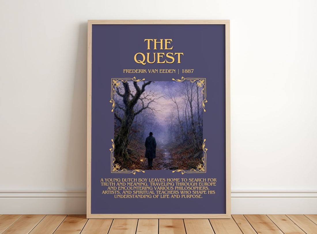 The Quest Minimalist Book Poster by Frederik van Eeden – framed print leaning on a wooden floor