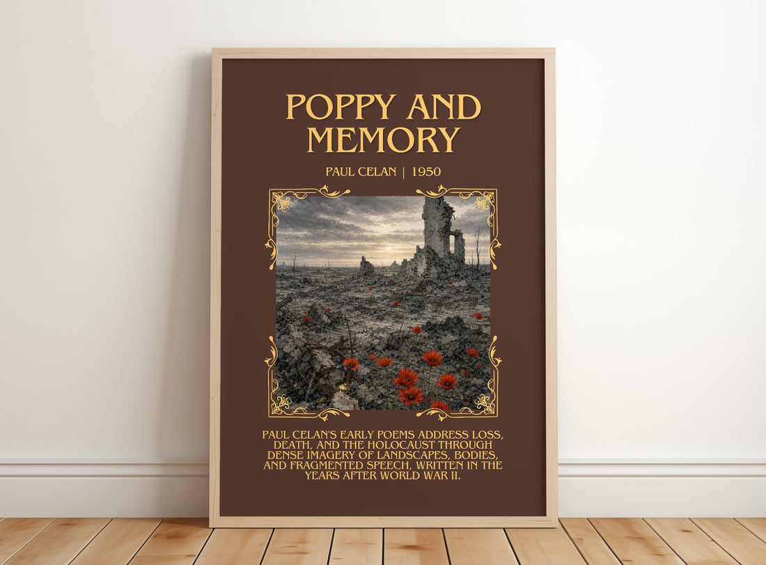 Poppy And Memory Minimalist Book Poster by Paul Celan – framed print leaning on a wooden floor