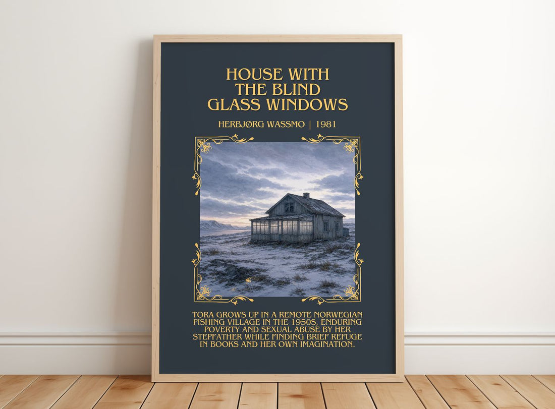 House with the Blind Glass Windows Minimalist Book Poster by H. Wassmo – framed print leaning on a wooden floor