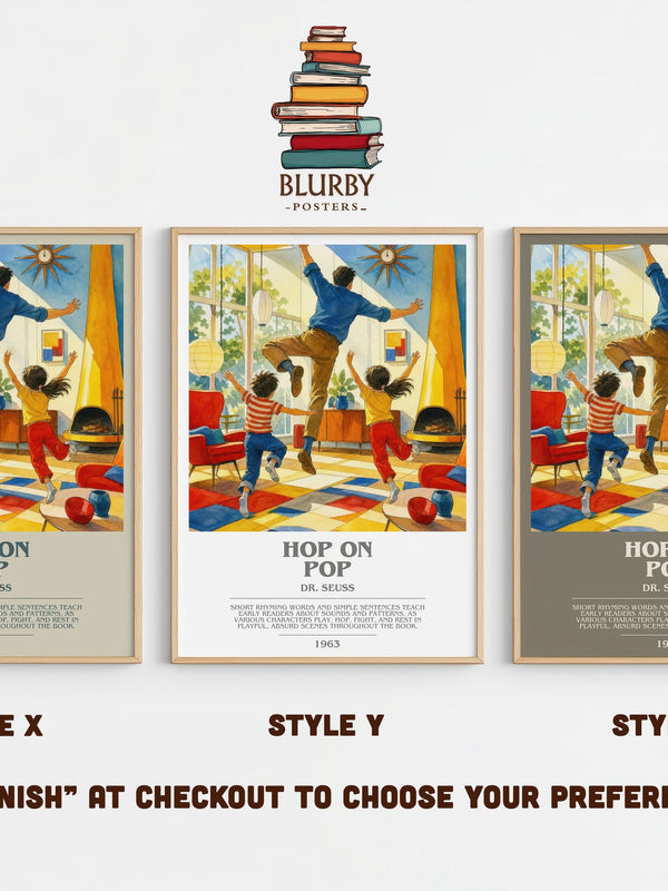 Hop On Pop bookish print in frame leaning in hallway – childrens wall art