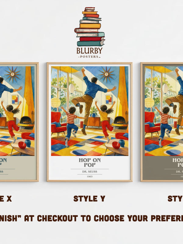 Hop On Pop book cover print in frame leaning in hallway – childrens wall art