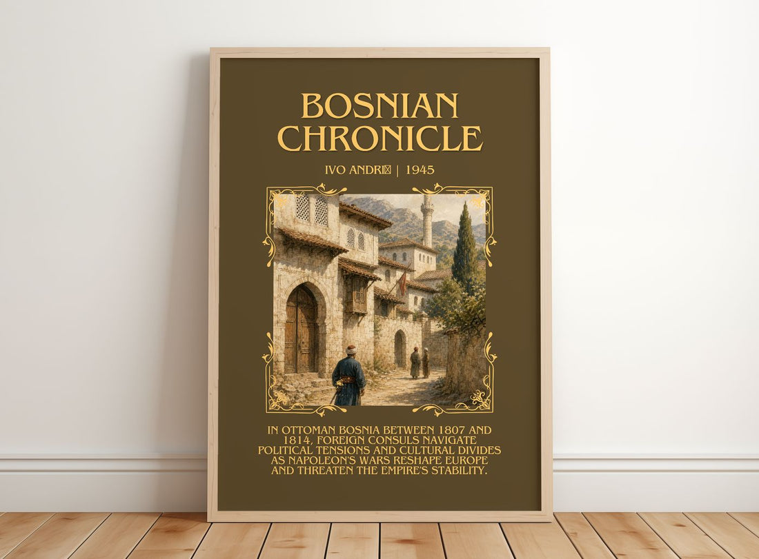Bosnian Chronicle Minimalist Book Poster by Ivo Andrić – framed print leaning on a wooden floor