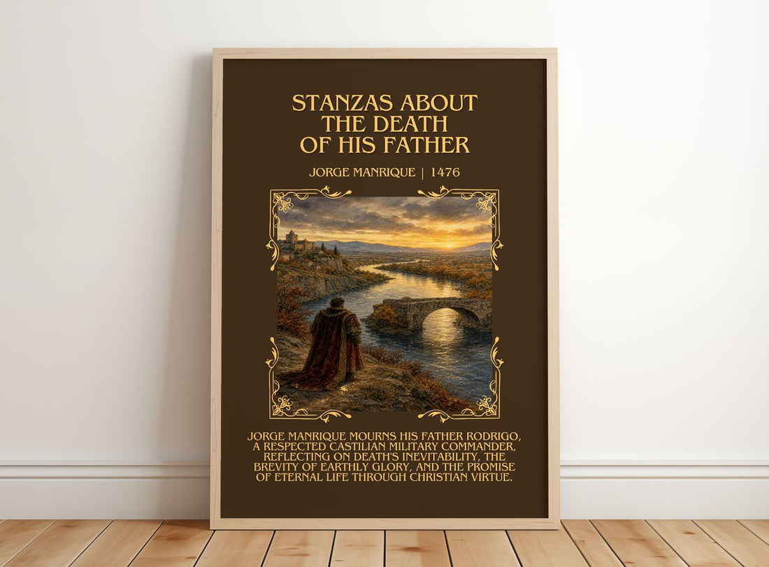 Stanzas about the Death of his Father Minimalist Book Poster by Jorge Manrique – framed print leaning on a wooden floor