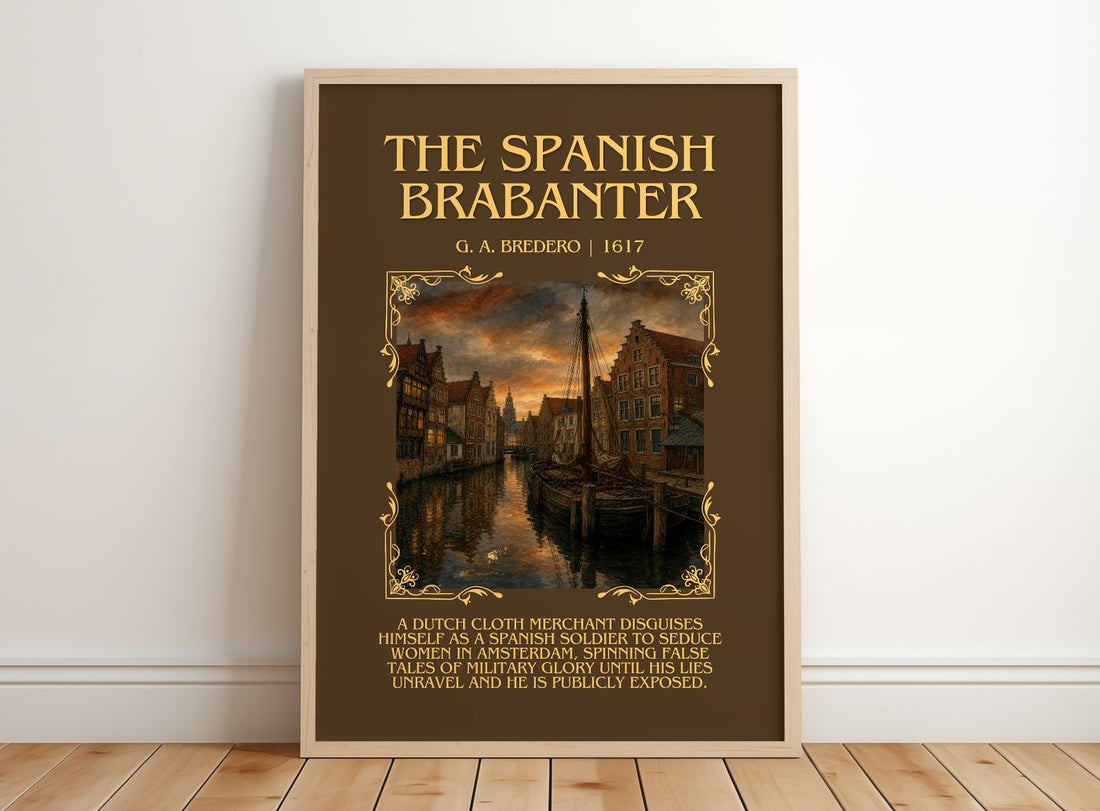 The Spanish Brabanter Minimalist Book Poster by G. A. Bredero – framed print leaning on a wooden floor