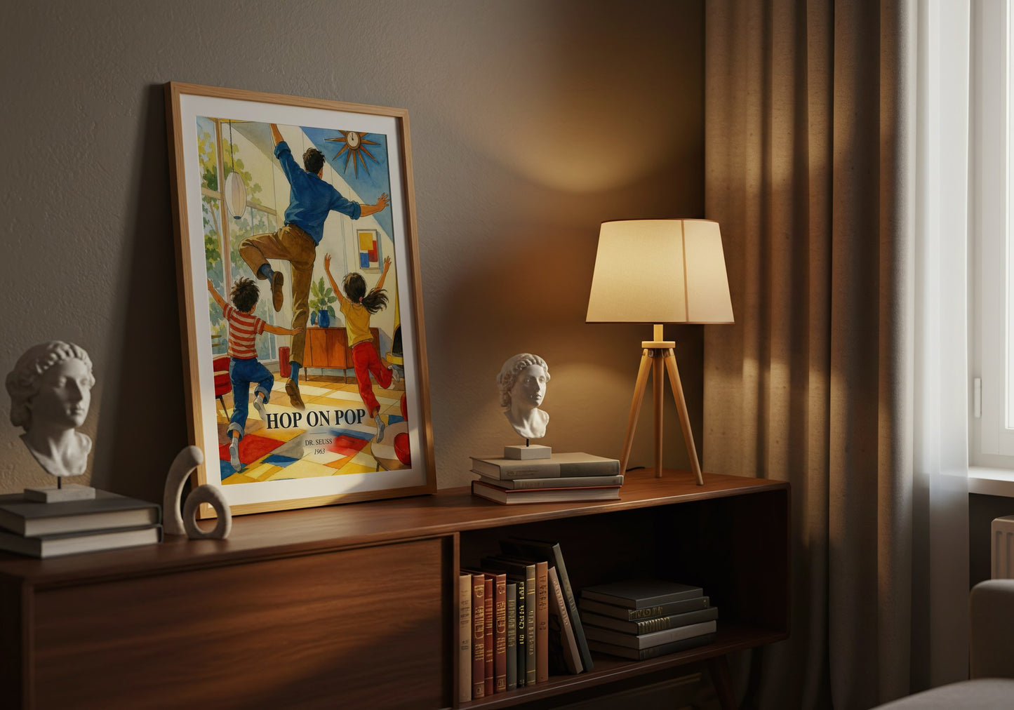 Hop On Pop watercolour print on bookshelf – Dr. Seuss fan gift