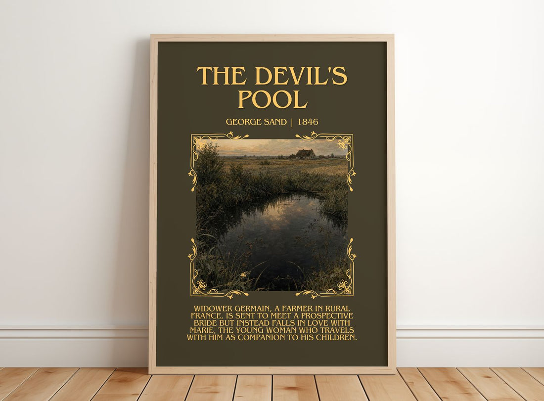 The Devil's Pool Minimalist Book Poster by George Sand – framed print leaning on a wooden floor