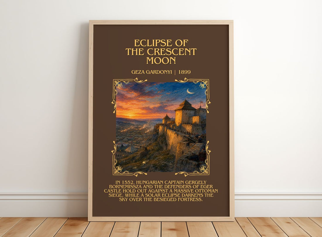 Eclipse of the Crescent Moon Minimalist Book Poster by Géza Gárdonyi – framed print leaning on a wooden floor