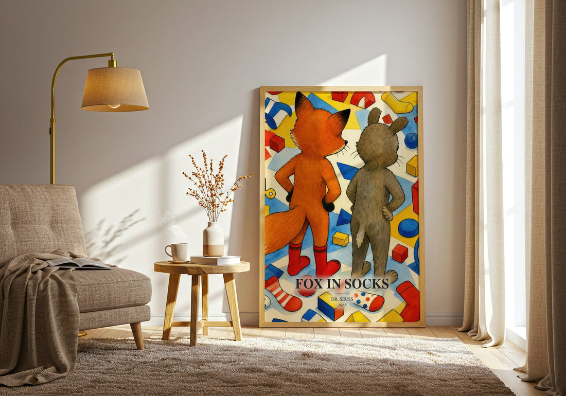 Fox In Socks watercolour print in frame leaning in hallway – childrens wall art (mockup)