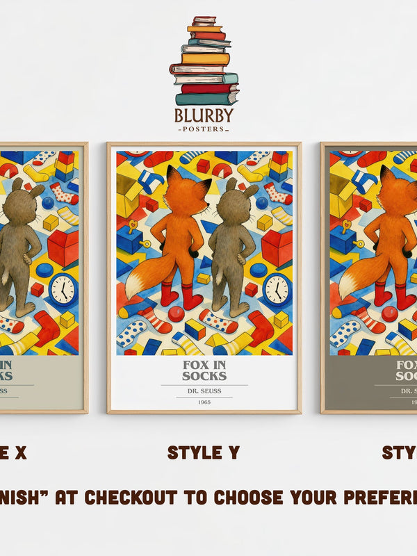 Fox In Socks book cover print in frame leaning in hallway – childrens wall art