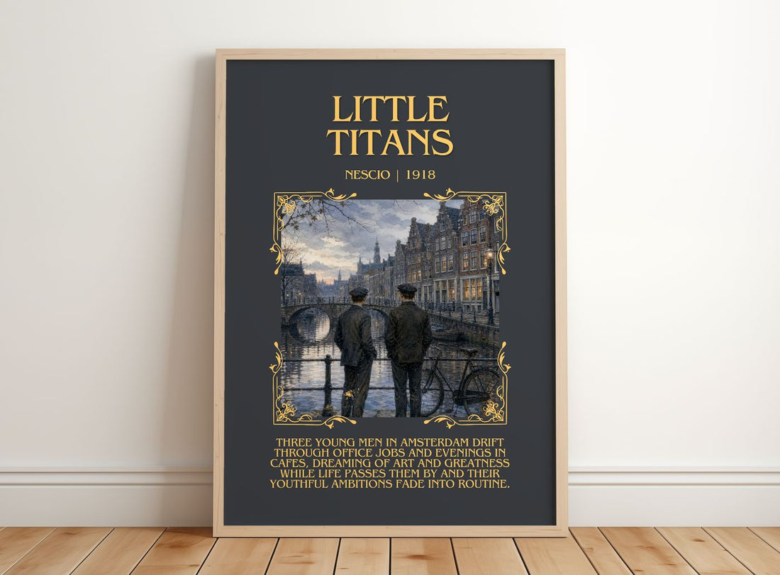 Little Titans Minimalist Book Poster by Nescio – framed print leaning on a wooden floor