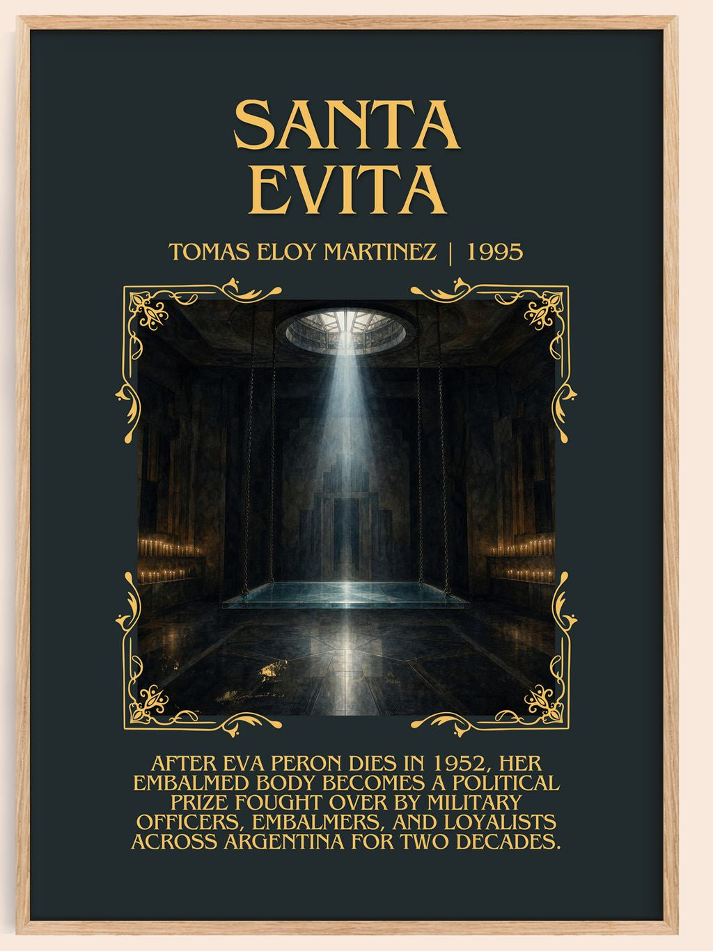 Santa Evita Minimalist Book Poster by Tomás Eloy Martínez – book poster
