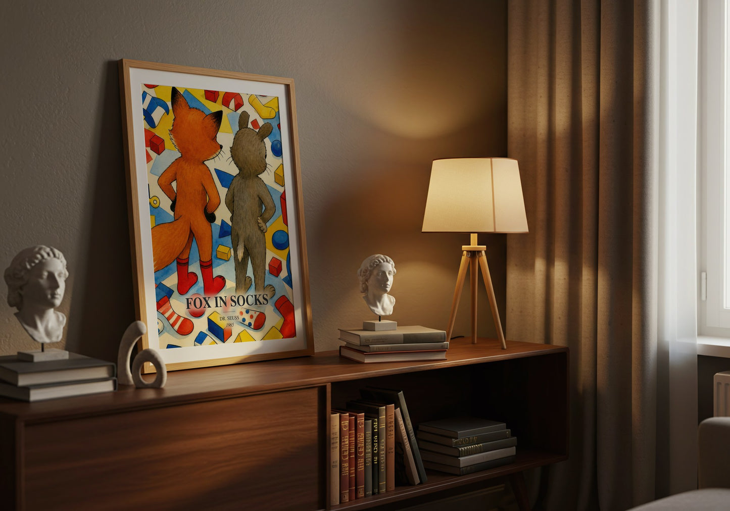 Fox In Socks watercolour print on bookshelf – Dr. Seuss fan gift