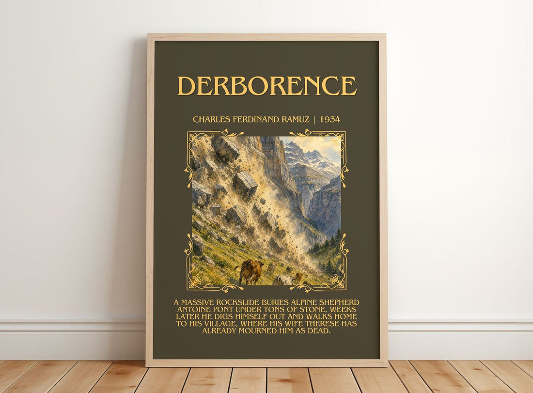 Derborence Minimalist Book Poster by Charles Ferdinand Ramuz – framed print leaning on a wooden floor