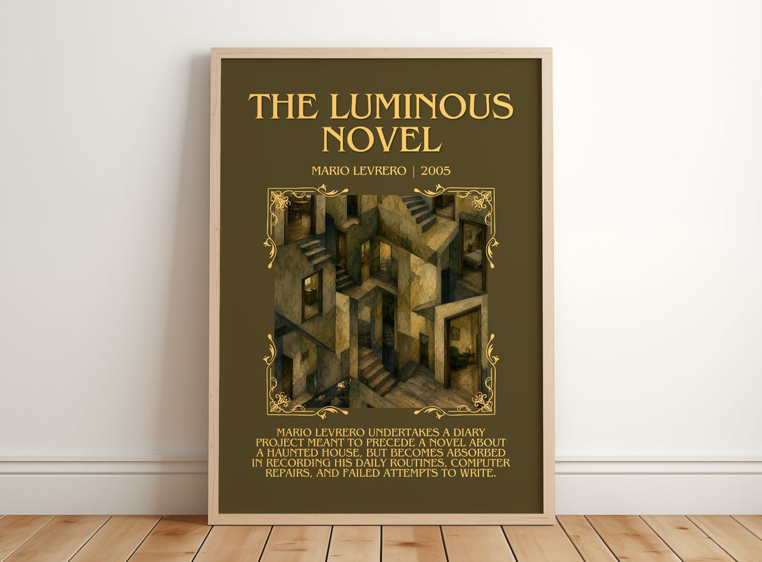 The Luminous Novel Minimalist Book Poster by Mario Levrero – framed print leaning on a wooden floor