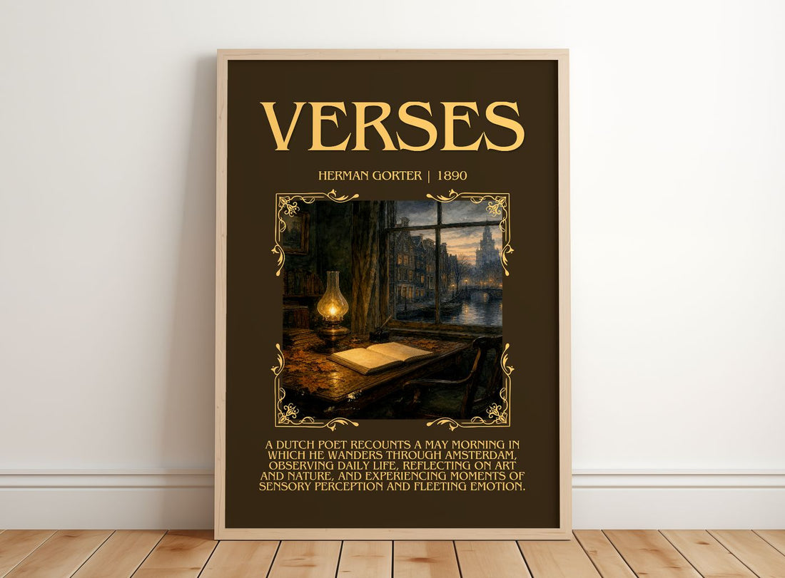Verses Minimalist Book Poster by Herman Gorter – framed print leaning on a wooden floor