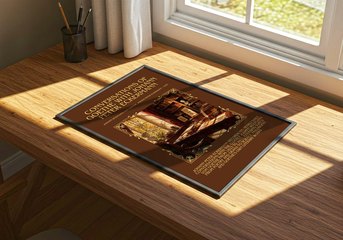 Conversations Of Goethe With Johann Peter Eckermann Minimalist Book Poster by Johann Wolfgang von Goethe, Johann Peter Eckermann – print on a sunlit desk