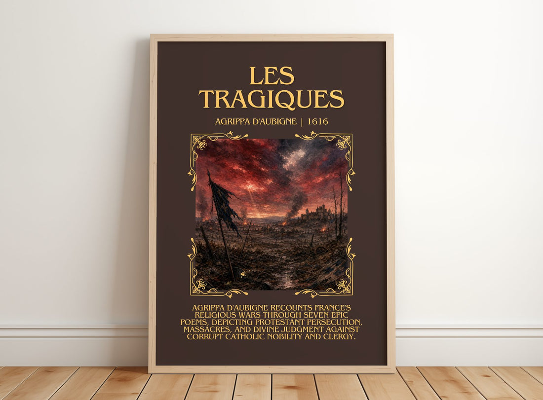 Les Tragiques Minimalist Book Poster by Agrippa d'Aubigné – framed print leaning on a wooden floor