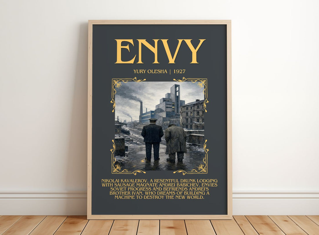 Envy Minimalist Book Poster by Yury Olesha – framed print leaning on a wooden floor