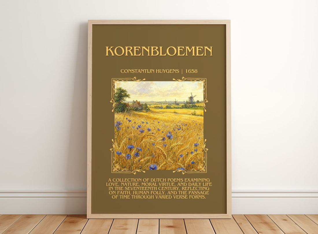 Korenbloemen Minimalist Book Poster by Constantijn Huygens – framed print leaning on a wooden floor
