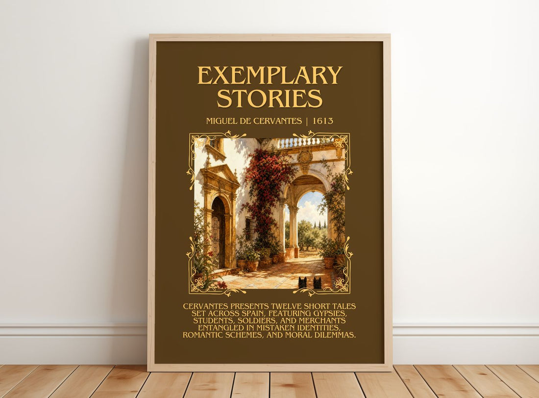 Exemplary Stories Minimalist Book Poster by Miguel de Cervantes – framed print leaning on a wooden floor