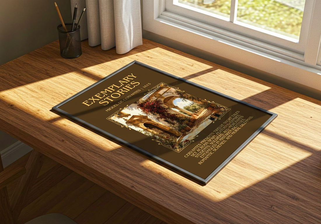 Exemplary Stories Minimalist Book Poster by Miguel de Cervantes – print on a sunlit desk