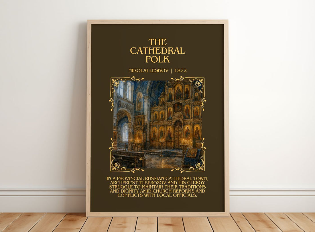 The Cathedral Folk Minimalist Book Poster by Nikolai Leskov – framed print leaning on a wooden floor