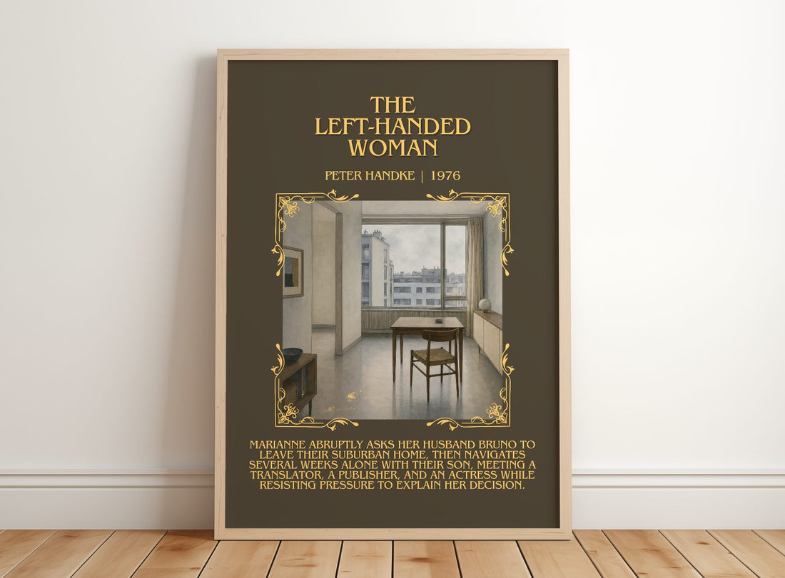 The Left-Handed Woman Minimalist Book Poster by Peter Handke – framed print leaning on a wooden floor