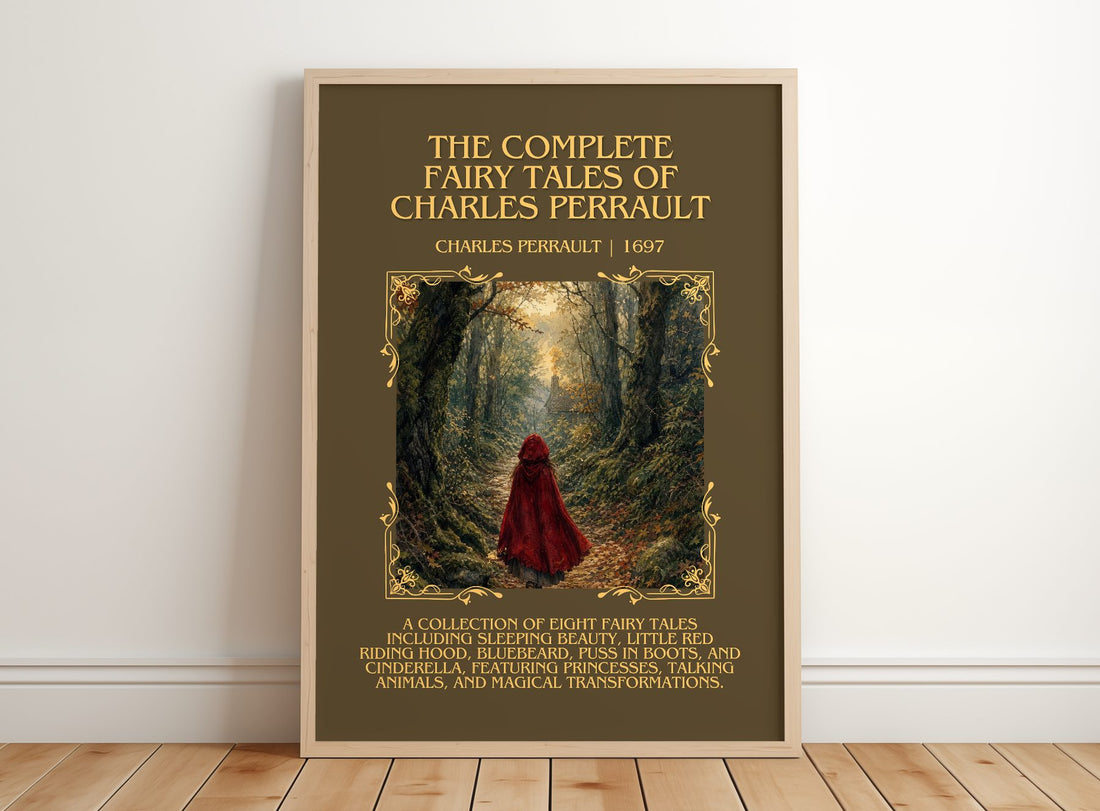 The Complete Fairy Tales of Charles Perrault Minimalist Book Poster by Charles Perrault – framed print leaning on a wooden floor