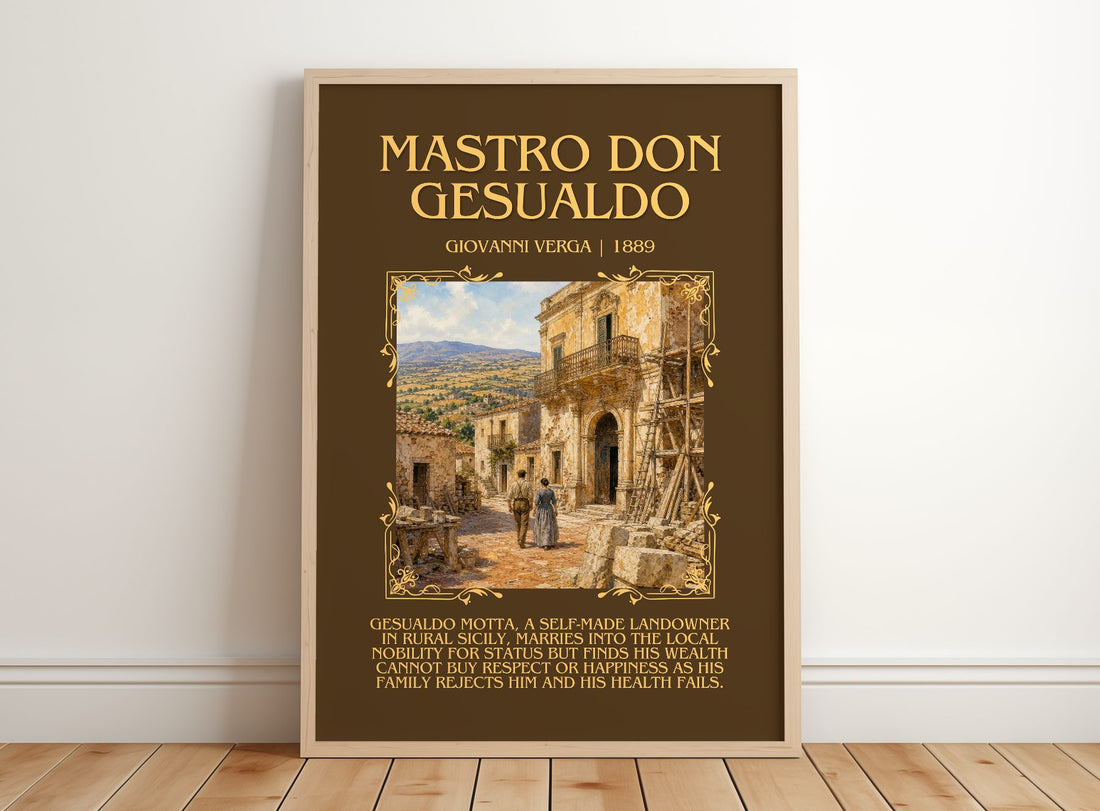 Mastro Don Gesualdo Minimalist Book Poster by Giovanni Verga – framed print leaning on a wooden floor