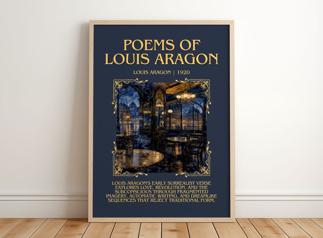 Poems Of Louis Aragon Minimalist Book Poster by Louis Aragon – framed print leaning on a wooden floor