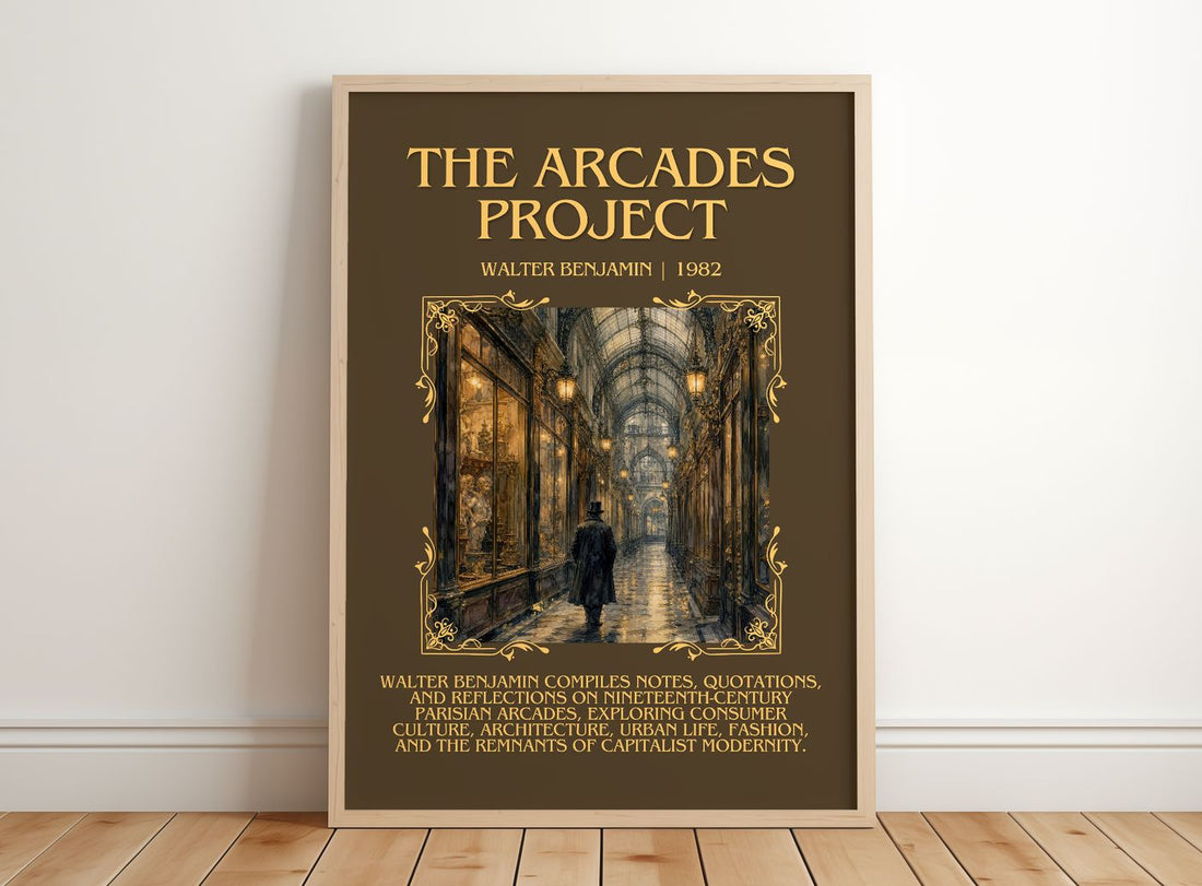 The Arcades Project Minimalist Book Poster by Walter Benjamin – framed print leaning on a wooden floor