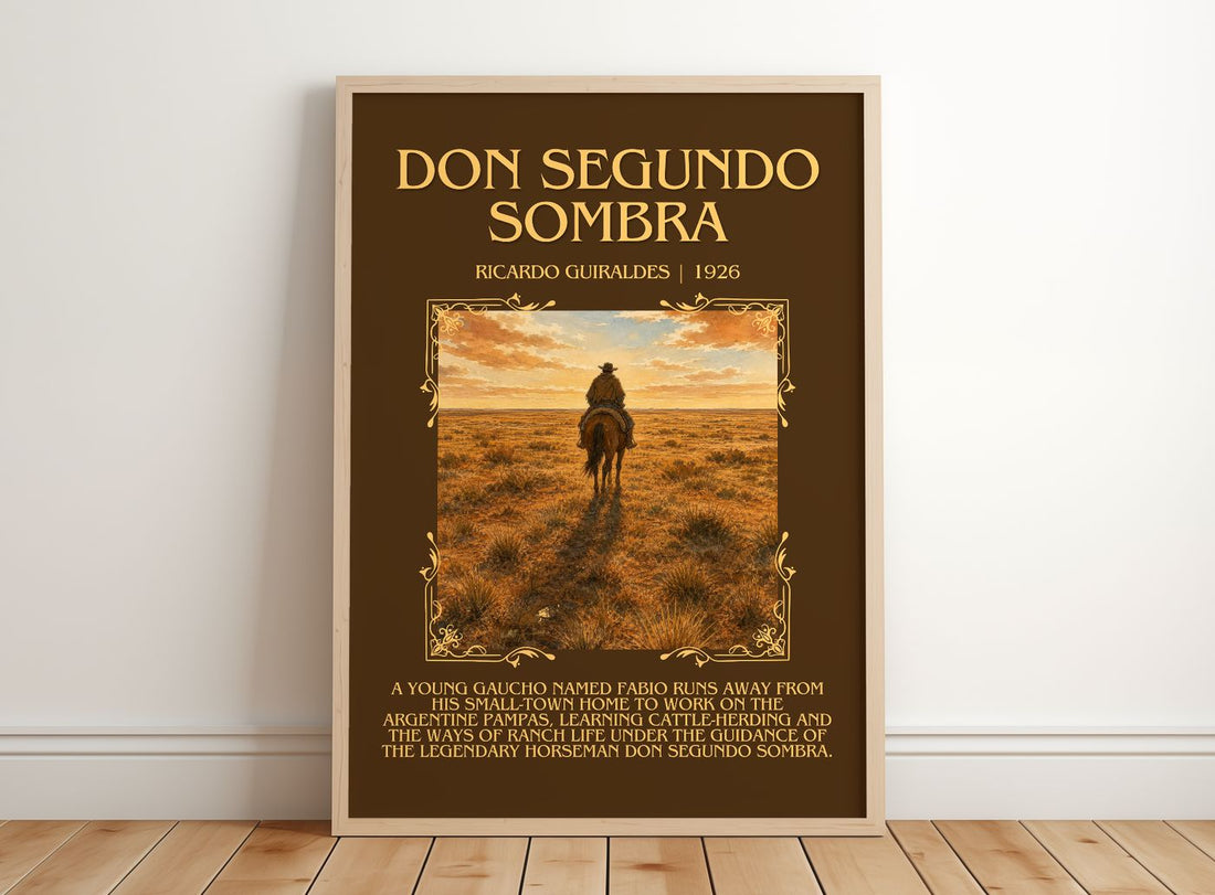 Don Segundo Sombra Minimalist Book Poster by Ricardo Güiraldes – framed print leaning on a wooden floor