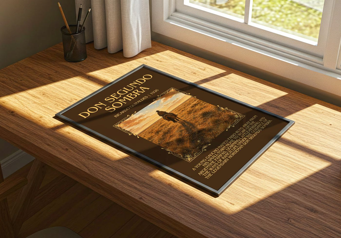 Don Segundo Sombra Minimalist Book Poster by Ricardo Güiraldes – print on a sunlit desk