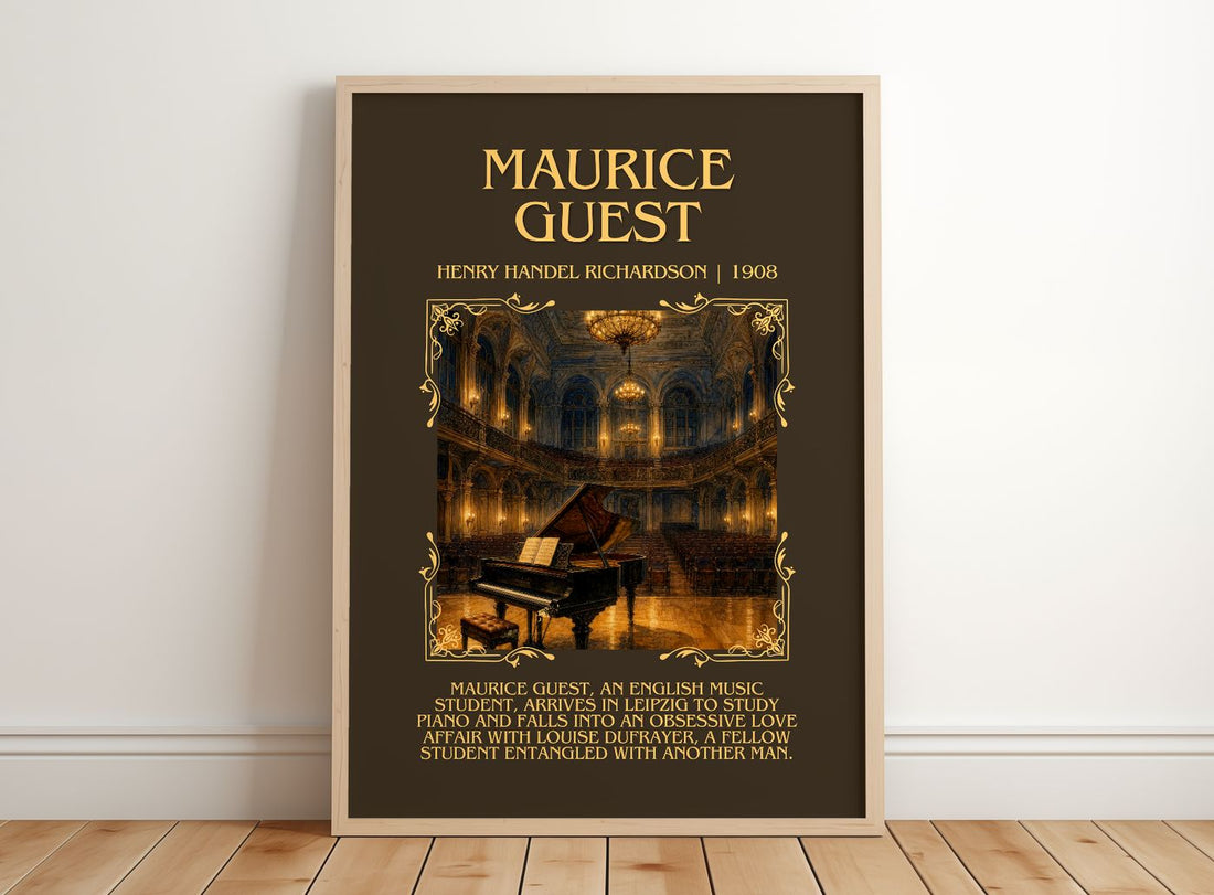 Maurice Guest Minimalist Book Poster by Henry Handel Richardson – framed print leaning on a wooden floor