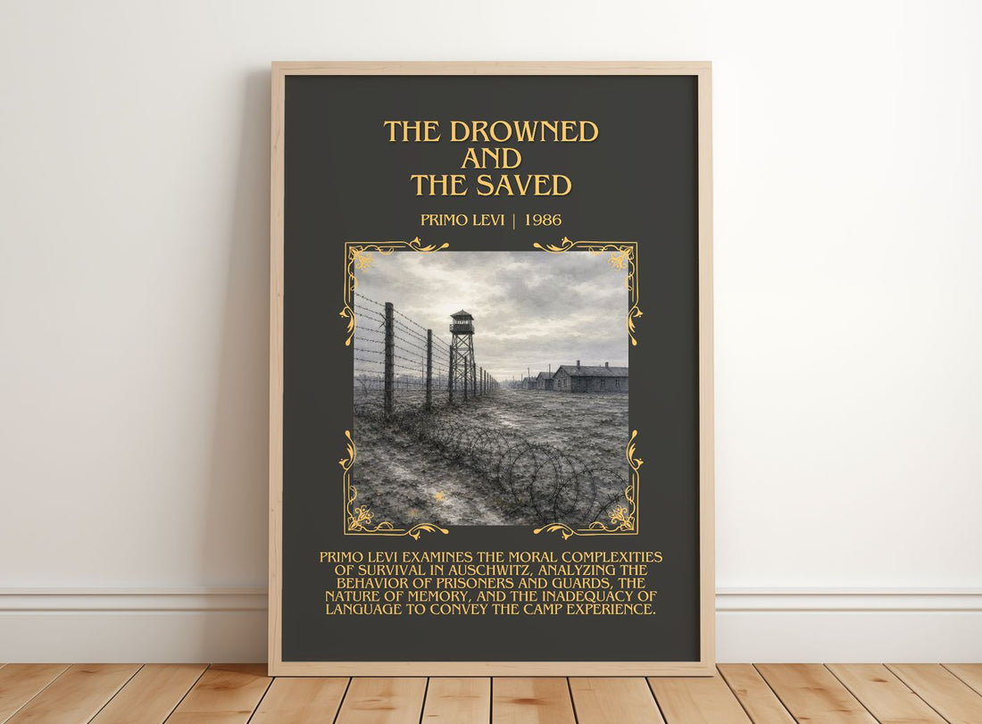 The Drowned and the Saved Minimalist Book Poster by Primo Levi – framed print leaning on a wooden floor