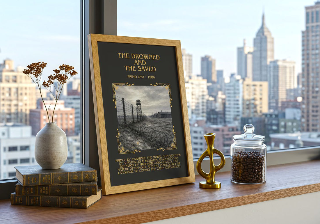 The Drowned and the Saved Minimalist Book Poster by Primo Levi – framed print on a city-view windowsill