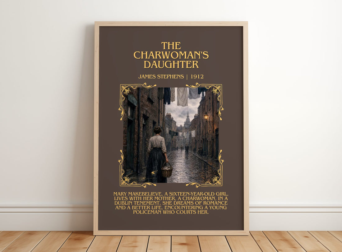 The Charwoman's Daughter Minimalist Book Poster by James Stephens – framed print leaning on a wooden floor
