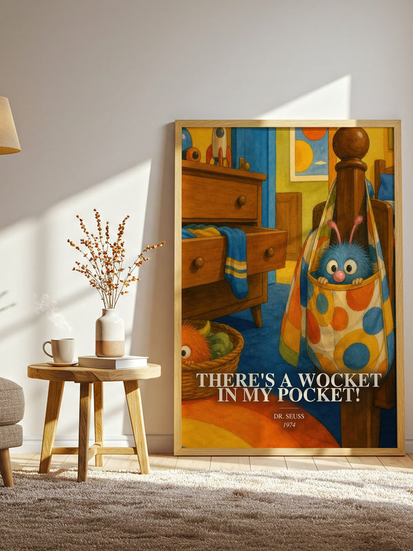 There'S A Wocket In My Pocket! watercolour print in frame leaning in hallway – childrens wall art
