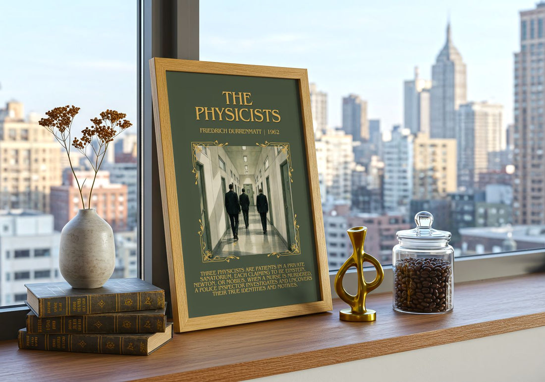 The Physicists Minimalist Book Poster by Friedrich Dürrenmatt – framed print on a city-view windowsill