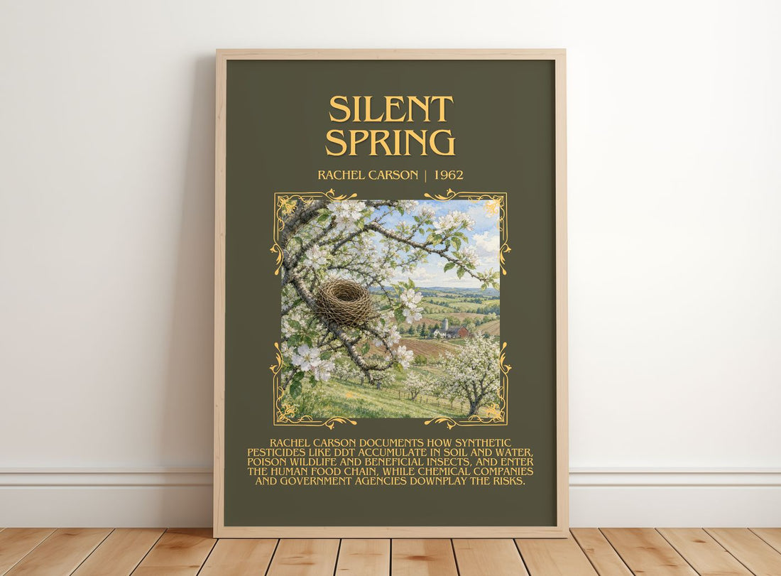 Silent Spring Minimalist Book Poster by Rachel Carson – framed print leaning on a wooden floor
