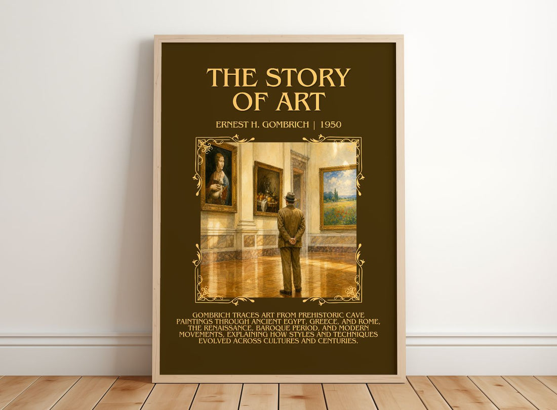 The Story of Art Minimalist Book Poster by Ernest H. Gombrich – framed print leaning on a wooden floor
