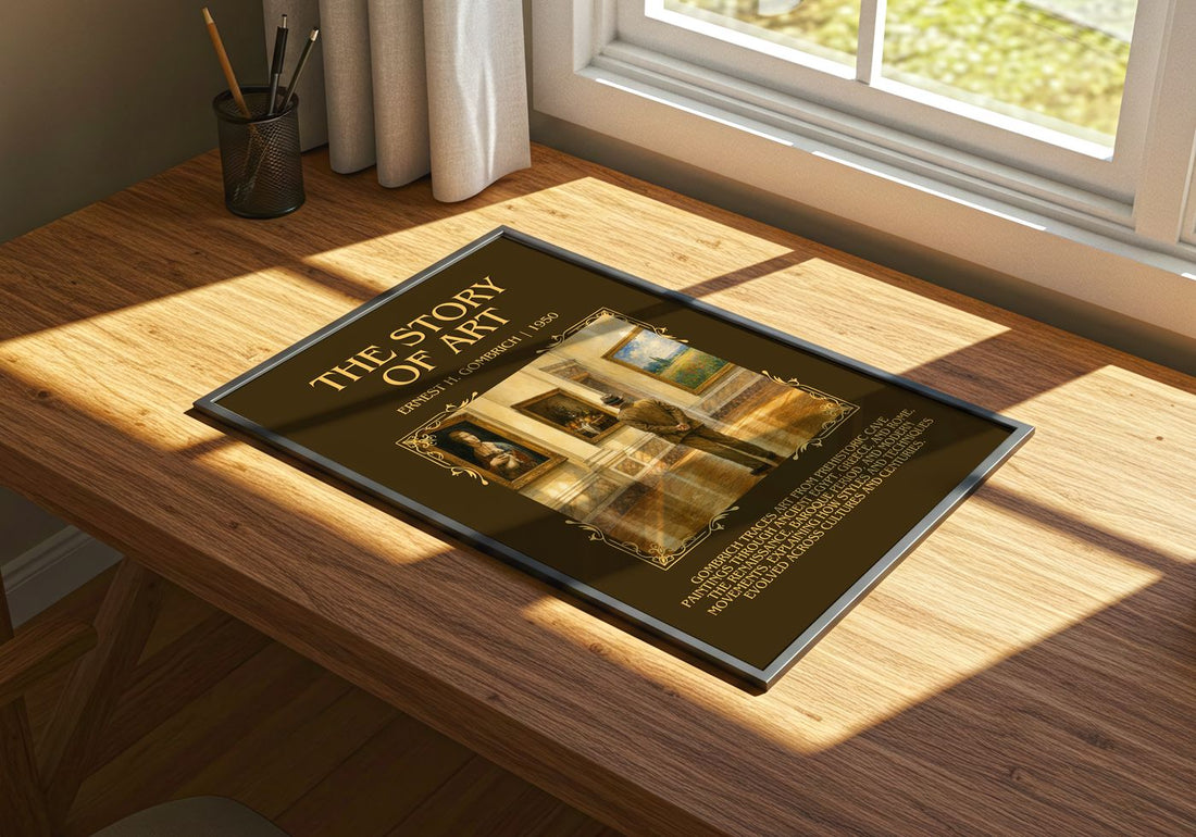 The Story of Art Minimalist Book Poster by Ernest H. Gombrich – print on a sunlit desk