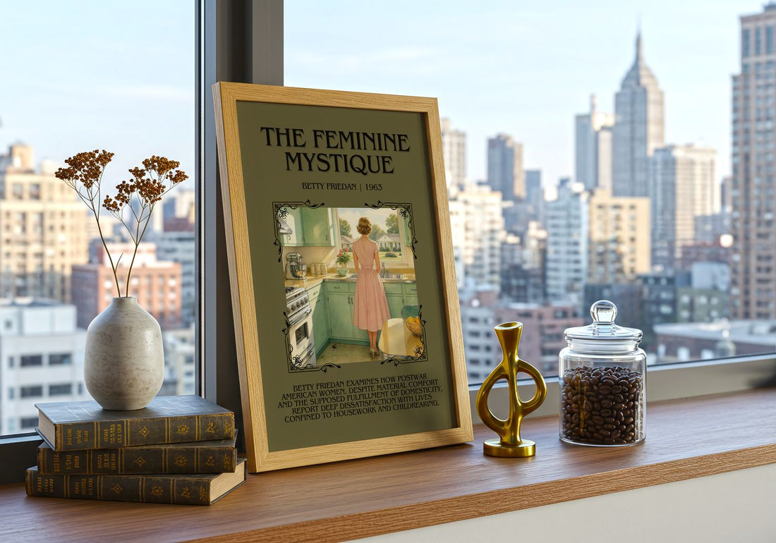 The Feminine Mystique Minimalist Book Poster by Betty Friedan – framed print on a city-view windowsill