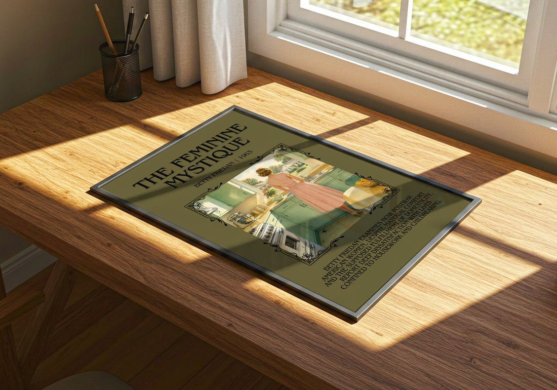 The Feminine Mystique Minimalist Book Poster by Betty Friedan – print on a sunlit desk