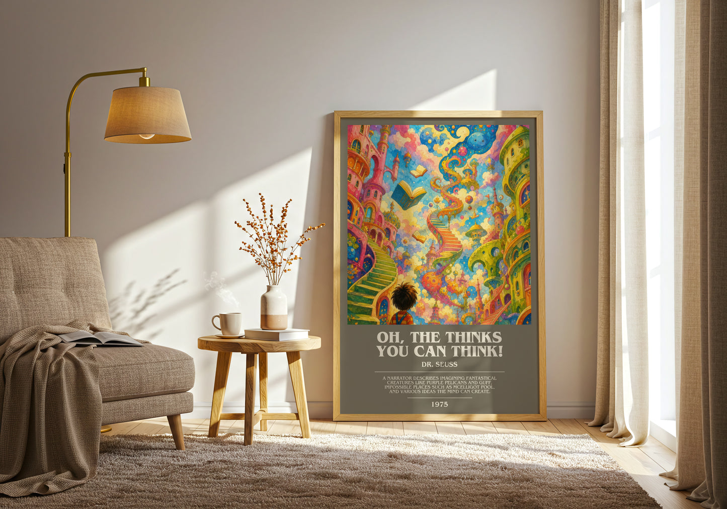 Oh, The Thinks You Can Think! bookish print on bookshelf – Dr. Seuss fan gift
