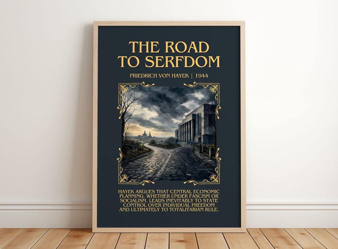 The Road to Serfdom Minimalist Book Poster by Friedrich von Hayek – framed print leaning on a wooden floor