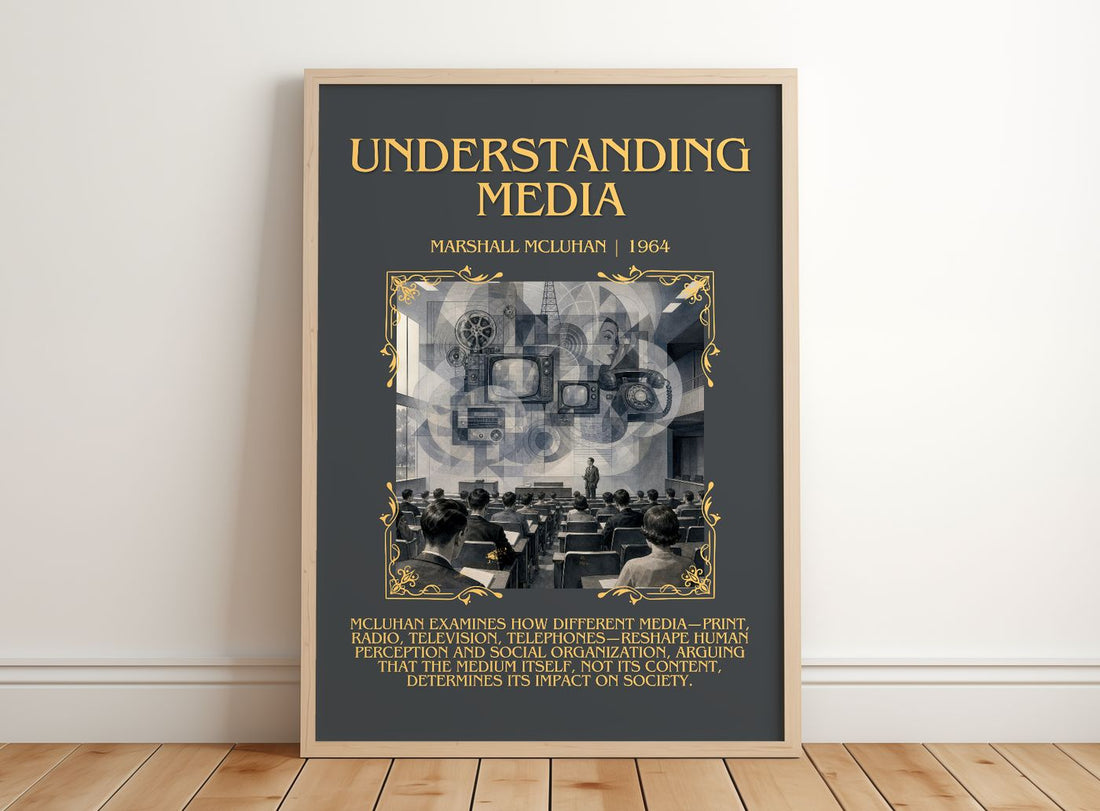 Understanding Media Minimalist Book Poster by Marshall McLuhan – framed print leaning on a wooden floor