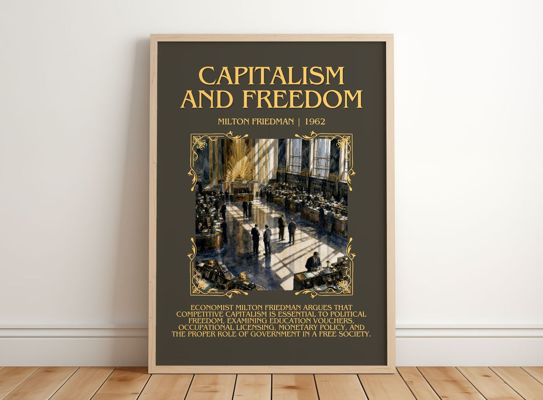 Capitalism and Freedom Minimalist Book Poster by Milton Friedman – framed print leaning on a wooden floor