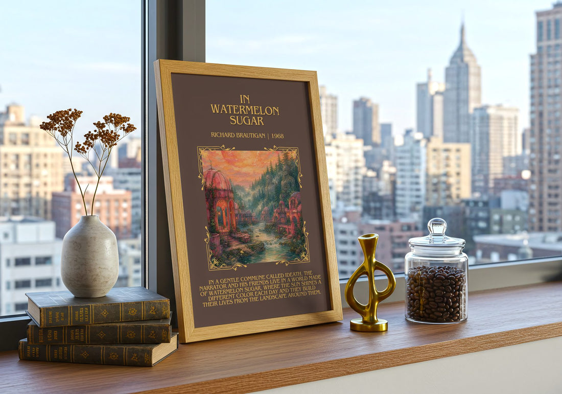 In Watermelon Sugar Minimalist Book Poster by Richard Brautigan – framed print on a city-view windowsill