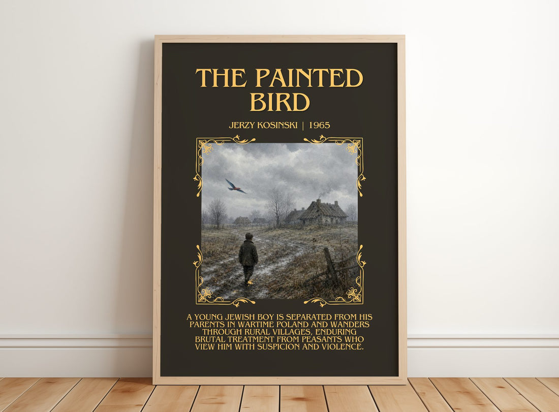 The Painted Bird Minimalist Book Poster by Jerzy Kosinski – framed print leaning on a wooden floor